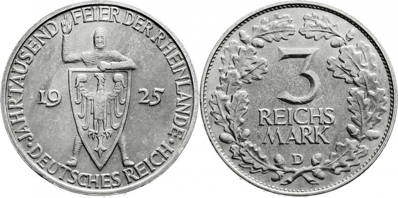 Weimarer Republik
Gedenkmünzen
3 Reichsmark Rheinlande
1925 D. vorzüglich/Ste...