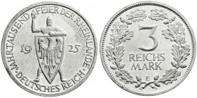 Weimarer Republik
Gedenkmünzen
3 Reichsmark Rheinlande
1925 E, Polierte Platte, kl. Kratzer und etwas berieben
