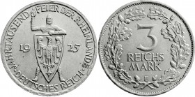 Weimarer Republik
Gedenkmünzen
3 Reichsmark Rheinlande
1925 E. vorzüglich/Stempelglanz, kl. Randfehler