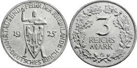 Weimarer Republik
Gedenkmünzen
3 Reichsmark Rheinlande
1925 G. vorzüglich/Stempelglanz, Kratzer und winz. Randfehler