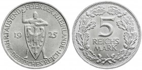Weimarer Republik
Gedenkmünzen
5 Reichsmark Rheinlande
1925 A. fast Stempelglanz, Prachtexemplar