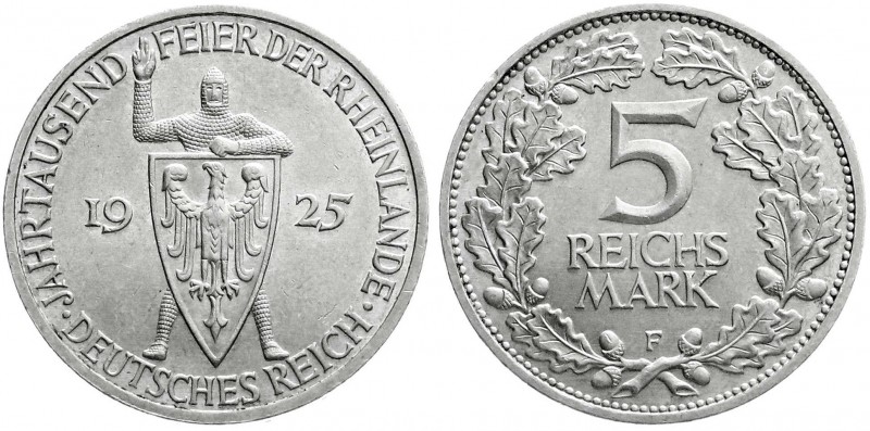 Weimarer Republik
Gedenkmünzen
5 Reichsmark Rheinlande
1925 F. fast Stempelgl...