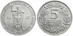 Weimarer Republik
Gedenkmünzen
5 Reichsmark Rheinlande
1925 F. fast Stempelglanz, winz. Randfehler