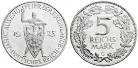 Weimarer Republik
Gedenkmünzen
5 Reichsmark Rheinlande
1925 G. fast Stempelglanz, winz. Kratzer, Prachtexemplar