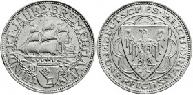 Weimarer Republik
Gedenkmünzen
5 Reichsmark Bremerhaven
1927 A. fast Stempelglanz, Prachtexemplar