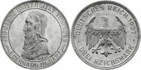 Weimarer Republik
Gedenkmünzen
3 Reichsmark Tübingen
1927 F. Polierte Platte, nur leicht berieben