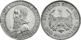 Weimarer Republik
Gedenkmünzen
3 Reichsmark Tübingen
1927 F. gutes sehr schön, kl. Randfehler