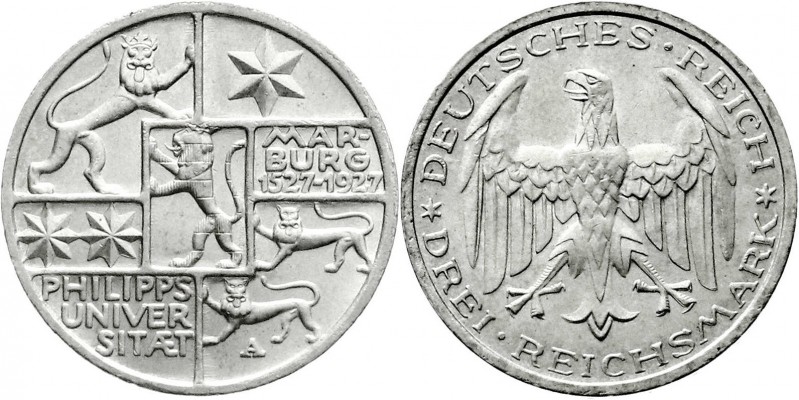 Weimarer Republik
Gedenkmünzen
3 Reichsmark Marburg
1927 A. fast Stempelglanz...