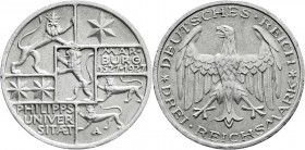 Weimarer Republik
Gedenkmünzen
3 Reichsmark Marburg
1927 A. vorzüglich/Stempelglanz, kl. Randfehler