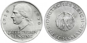 Weimarer Republik
Gedenkmünzen
3 Reichsmark Lessing
1929 A. fast Stempelglanz, nur min. Randfehler, Prachtexemplar