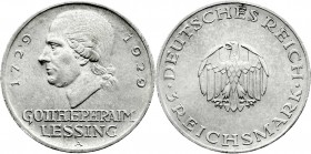 Weimarer Republik
Gedenkmünzen
3 Reichsmark Lessing
1929 A. fast Stempelglanz