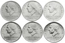 Weimarer Republik
Gedenkmünzen
3 Reichsmark Lessing
6 Stück, komplette Serie 1929 A, D, E, F, G, J. sehr schön bis vorzüglich