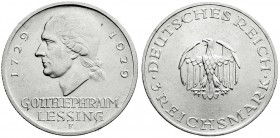 Weimarer Republik
Gedenkmünzen
3 Reichsmark Lessing
1929 F. fast Stempelglanz, Prachtexemplar