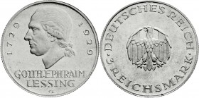 Weimarer Republik
Gedenkmünzen
3 Reichsmark Lessing
1929 G. Polierte Platte, berieben und winz. Kratzer, selten