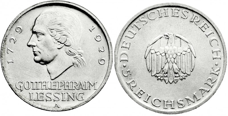 Weimarer Republik
Gedenkmünzen
5 Reichsmark Lessing
1929 A. vorzüglich/Stempe...