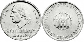 Weimarer Republik
Gedenkmünzen
5 Reichsmark Lessing
1929 A. vorzüglich/Stempelglanz