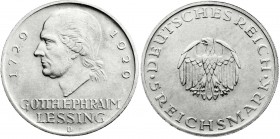 Weimarer Republik
Gedenkmünzen
5 Reichsmark Lessing
1929 D. vorzüglich/Stempelglanz