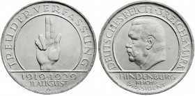 Weimarer Republik
Gedenkmünzen
3 Reichsmark Schwurhand
1929 A. prägefrisch/fast Stempelglanz