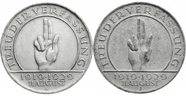 Weimarer Republik
Gedenkmünzen
3 Reichsmark Schwurhand
2 Stück: 1929 A und J. vorzüglich und sehr schön
