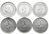 Weimarer Republik
Gedenkmünzen
3 Reichsmark Schwurhand
6 Stück: 1929 A,D,E,F,G,J. Komplette Serie.
sehr schön bis vorzüglich