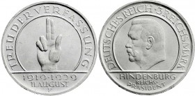 Weimarer Republik
Gedenkmünzen
3 Reichsmark Schwurhand
1929 F. vorzüglich/Stempelglanz