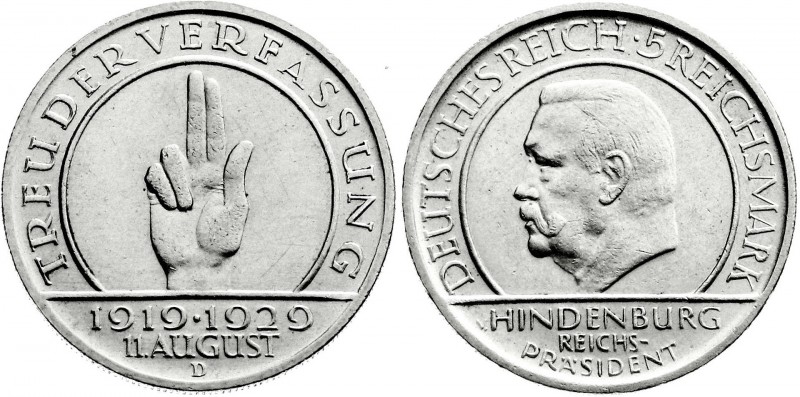 Weimarer Republik
Gedenkmünzen
5 Reichsmark Schwurhand
1929 D. vorzüglich, et...