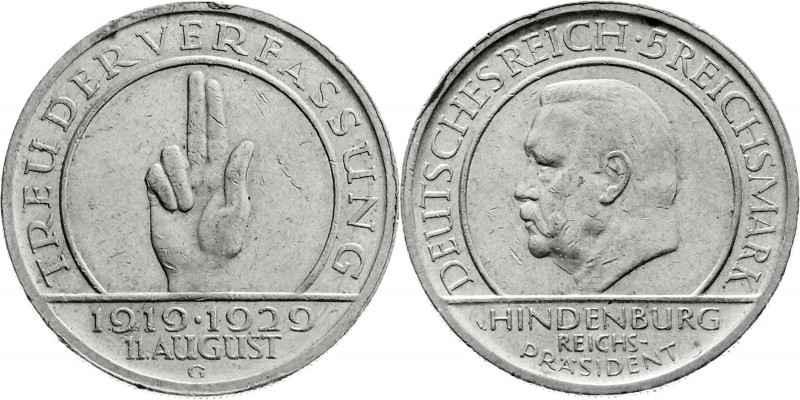 Weimarer Republik
Gedenkmünzen
5 Reichsmark Schwurhand
1929 G. sehr schön/vor...