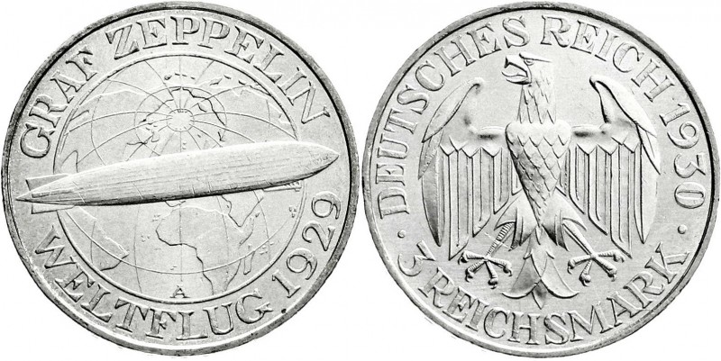 Weimarer Republik
Gedenkmünzen
3 Reichsmark Zeppelin
1930 A. prägefrisch/fast...