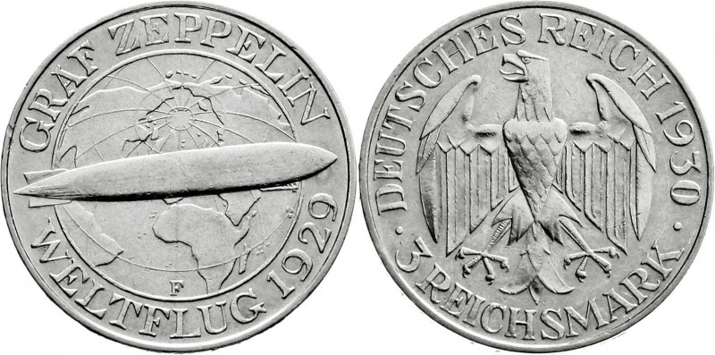 Weimarer Republik
Gedenkmünzen
3 Reichsmark Zeppelin
1930 F. vorzüglich