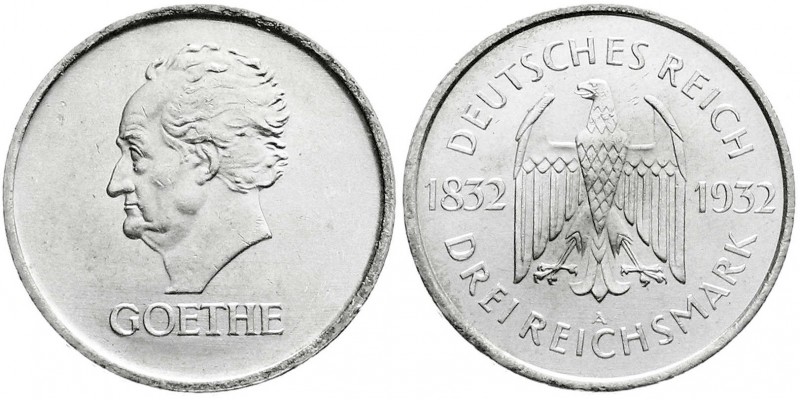 Weimarer Republik
Gedenkmünzen
3 Reichsmark Goethe
1932 A. vorzüglich/Stempel...