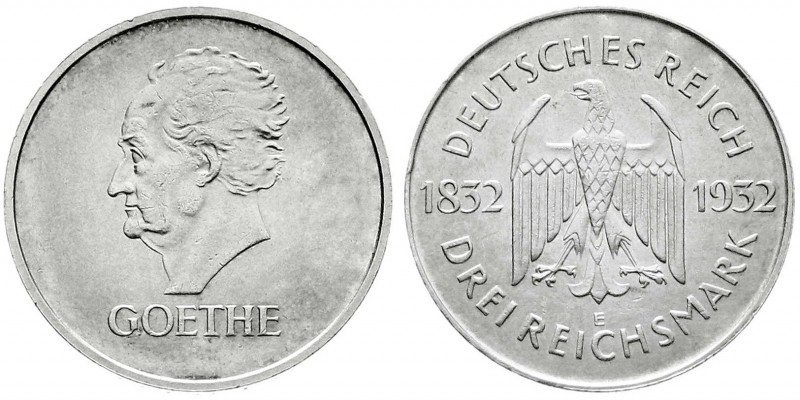 Weimarer Republik
Gedenkmünzen
3 Reichsmark Goethe
1932 E. gutes vorzüglich, ...