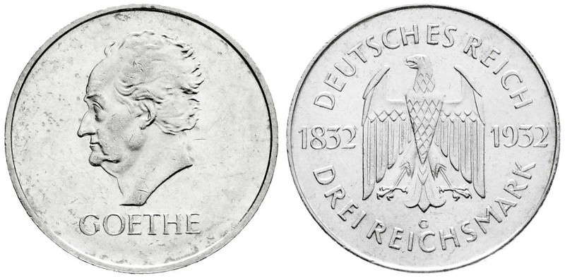 Weimarer Republik
Gedenkmünzen
3 Reichsmark Goethe
1932 G. gutes vorzüglich, ...