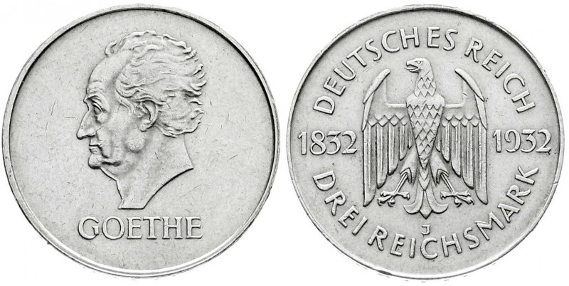 Weimarer Republik
Gedenkmünzen
3 Reichsmark Goethe
1932 J. vorzüglich, winz. ...