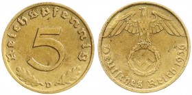 Drittes Reich
Klein/- und Kursmünzen
5 Reichspfennig, messingf. 1936-1939
1936 D. sehr schön