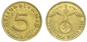 Drittes Reich
Klein/- und Kursmünzen
5 Reichspfennig, messingf. 1936-1939
1936 D. sehr schön