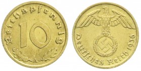 Drittes Reich
Klein/- und Kursmünzen
10 Reichspfennig Hakenkr., messingf. 1936-1939
1936 A. sehr schön/vorzüglich