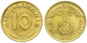 Drittes Reich
Klein/- und Kursmünzen
10 Reichspfennig Hakenkr., messingf. 1936-1939
1936 A. vorzüglich