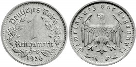 Drittes Reich
Klein/- und Kursmünzen
1 Reichsmark, Nickel 1933-1939
1936 G. sehr schön/vorzüglich, kl. Randfehler, selten