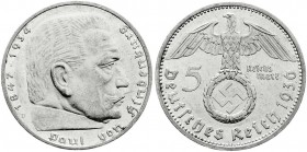 Drittes Reich
Klein/- und Kursmünzen
5 Reichsmark Hindenb. Hakenkr. Silber, 1936-1939
1936 D. vorzüglich aus Polierte Platte
