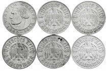 Drittes Reich
Gedenkmünzen
2 Reichsmark Luther 1933-1934
6 Stück: komplette Serie mit allen Buchstaben 1933 A,D,E,F,G,J. sehr schön bis gutes vorzü...