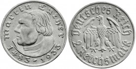 Drittes Reich
Gedenkmünzen
2 Reichsmark Luther 1933-1934
1933 F. fast Stempelglanz, Prachtexemplar
