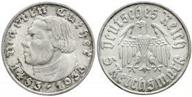 Drittes Reich
Gedenkmünzen
5 Reichsmark Luther, 1933-1934
1933 F. fast Stempelglanz