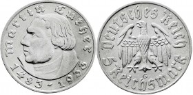 Drittes Reich
Gedenkmünzen
5 Reichsmark Luther, 1933-1934
1933 G. sehr schön, winz. Randfehler