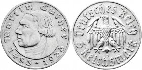 Drittes Reich
Gedenkmünzen
5 Reichsmark Luther, 1933-1934
1933 J. sehr schön, winz. Randfehler