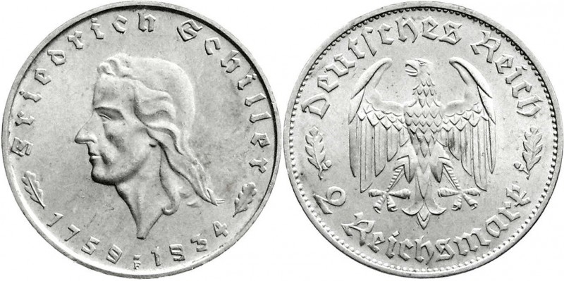 Drittes Reich
Gedenkmünzen
2 Reichsmark Schiller 1934
1934 F. fast Stempelgla...