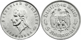Drittes Reich
Gedenkmünzen
5 Reichsmark Schiller 1934
1934 F. vorzüglich/Stempelglanz