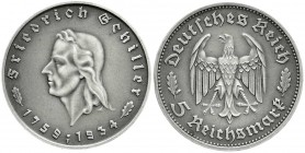 Drittes Reich
Gedenkmünzen
5 Reichsmark Schiller 1934
1934 F. Sog. Mattprägung (Polierte Platte mit Mattierung)
Polierte Platte/Mattprägung, äußer...
