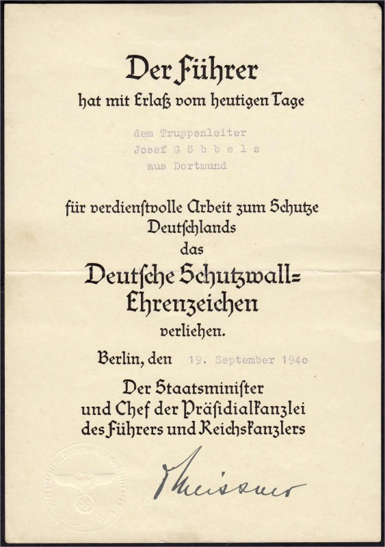 Orden und Ehrenzeichen
Deutschland
Drittes Reich, 1933-1945
Urkunde zum Deuts...