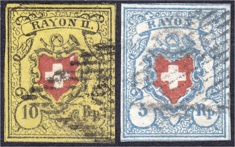 Briefmarken
Ausland
Schweiz
10 Rp. + 5 Rp. Rayon II 1850/51, zwei sauber gest...