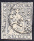 Briefmarken
Ausland
Schweiz
1 Fr. Sitzende Helvetia 1854, sauber gestempelt in guter Gesamterhaltung. Mi. 850,-€.
gestempelt